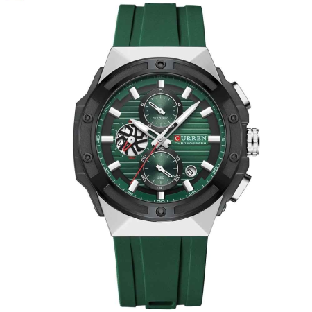 Modele noi - Ceas Bărbați Curren 8462 Verde Smarald, Cronograf Quartz, Curea Silicon Verde, Rezistent la Apă 3ATM