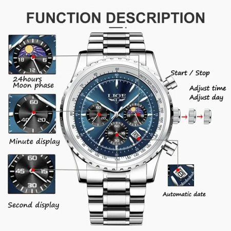 Ceas barbatesc de mana Lige Elegant Fashion Analog Luxury Casual Quartz Argintiu Albastru [3]