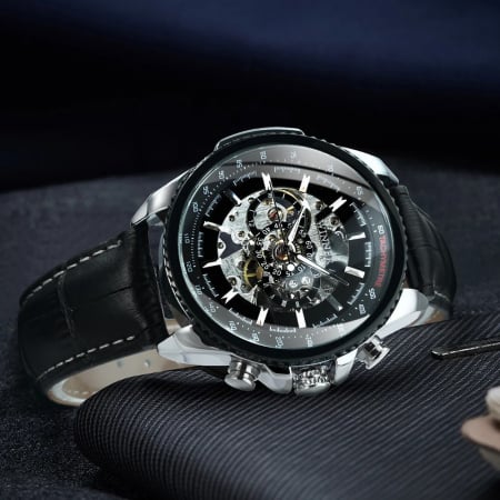 Ceas barbati, T-winner, Clasic, Mecanism Mecanic Automatic, Skeleton, Piele, Negru [2]