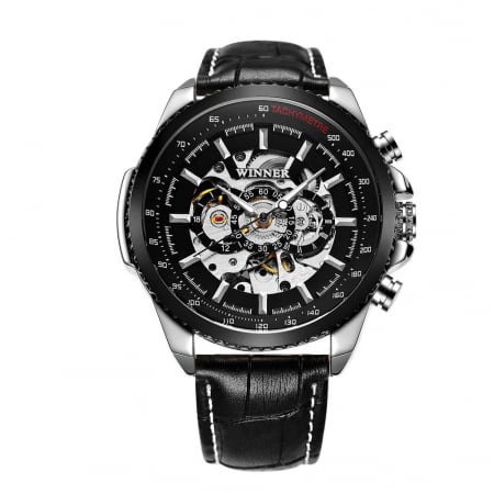 Ceas barbati, T-winner, Clasic, Mecanism Mecanic Automatic, Skeleton, Piele, Negru [0]