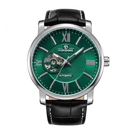 Ceasuri barbatesti - Ceas Bărbați Forsining 8296 Argintiu-Verde Mecanic – Design Luxury, Funcții Multiple, Rezistent la Apă 3ATM