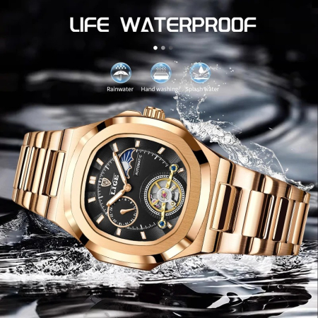 Ceas Bărbați Lige 6821 Rose Gold-Negru – Mecanic, Design Business, Funcții Multiple, Rezistent la Șocuri, Rezistent la Apă 3ATM [4]