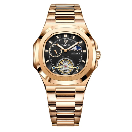 Ceasuri barbatesti - Ceas Bărbați Lige 6821 Rose Gold-Negru – Mecanic, Design Business, Funcții Multiple, Rezistent la Șocuri, Rezistent la Apă 3ATM