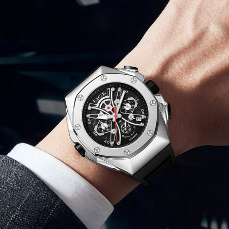 Ceas Bărbați Lige 89111 Argintiu-Negru – Design Luxury, Funcții Multiple, Afișaj Luminos, Rezistent la Apă 3ATM [6]