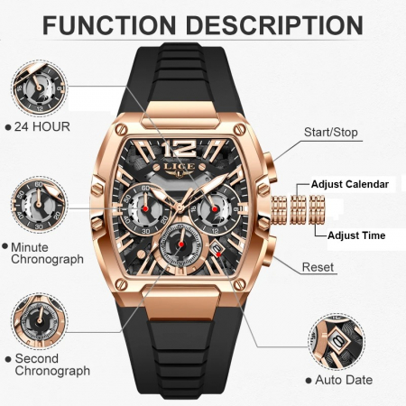 Ceas Bărbați Lige 89206 Rose-Negru – Design Sport, Funcții Multiple, Rezistent la Șocuri, Rezistent la Apă 3ATM [3]
