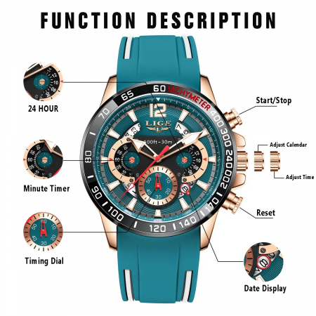 Ceas Bărbați Lige 89213 Rose-Verde – Design Sport, Funcții Multiple, Afișaj Luminos, Rezistent la Apă 3ATM [2]