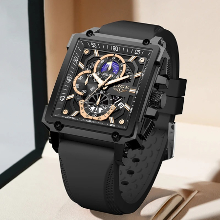 Ceas Bărbați Lige 89217 Negru-auriu – Design Sport, Funcții Multiple, Cronograf, Rezistent la Șocuri, Rezistent la Apă 3ATM [2]