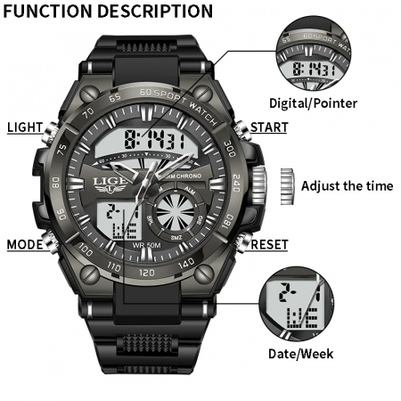 Ceas Bărbați Lige 8971 Negru – Design Military, Funcții Multiple, Cronograf, Rezistent la Apă 5ATM [3]