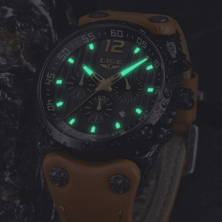 Ceas barbati Lige Piele Cronograf Data Maro Negru [2]