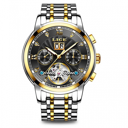 Ceas barbatesc mecanic automatic Lige Data Skeleton Negru [0]