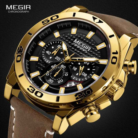 Ceas Bărbați MEGIR 2094 Gold – Quartz, Curea Piele, Cronograf, Rezistent la Apă, Lumină, Calendar Complet, Stil Fashion & Casual [1]