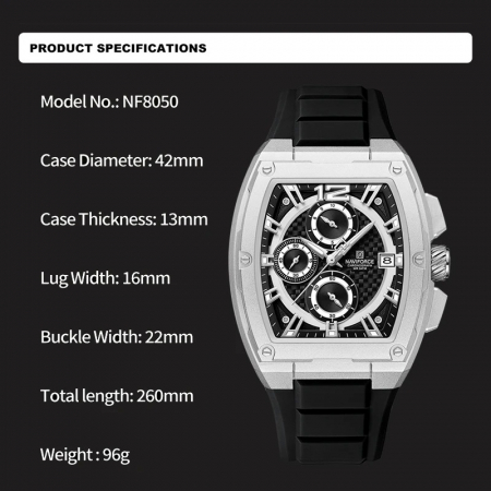 Ceas Bărbați Naviforce 8050 Negru-Argintiu – Design Sport, Funcții Multiple, Afișare Dată, Rezistent la Apă 3ATM [3]