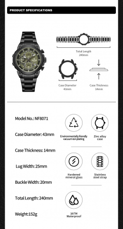 Ceas Bărbați Naviforce 8071 Negru-Verde – Funcții Multiple, Design Business, Shockproof, Rezistent la Apă 3ATM [2]