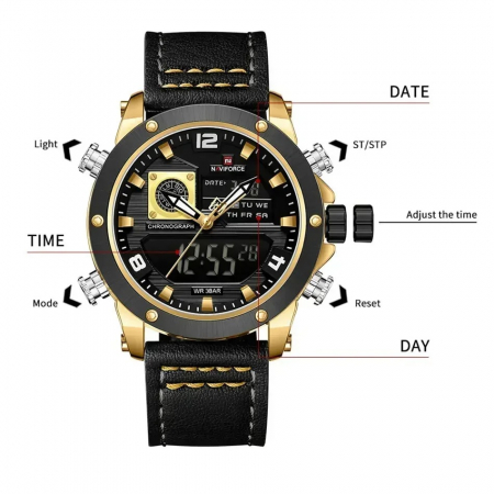 Ceas Bărbați Naviforce 9236 Negru-Auriu – Funcții Multiple, Design Military, Cronometru, Rezistent la Apă 3ATM [1]