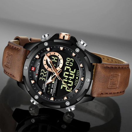 Ceas barbati Naviforce Cronograf Casual Analog Digital Quartz Piele Maro [4]