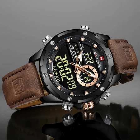 Ceas barbati Naviforce Cronograf Casual Analog Digital Quartz Piele Maro [2]