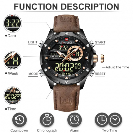 Ceas barbati Naviforce Cronograf Casual Analog Digital Quartz Piele Maro [7]