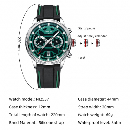 Ceas barbati Nibosi Data Analog Mecanism Quartz Silicon Negru Cronograf [2]