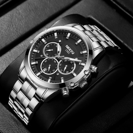 Ceas barbatesc Nibosi Cronograf Otel Analog Mecanism Quartz Argintiu Indici luminosi [4]