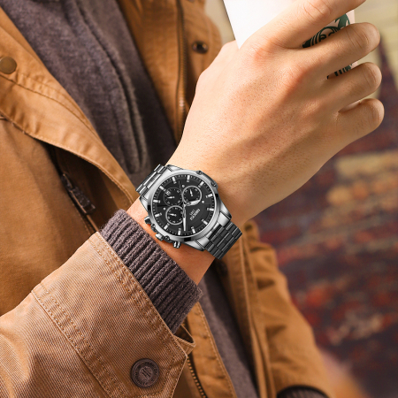 Ceas barbatesc Nibosi Cronograf Otel Analog Mecanism Quartz Argintiu Indici luminosi [1]