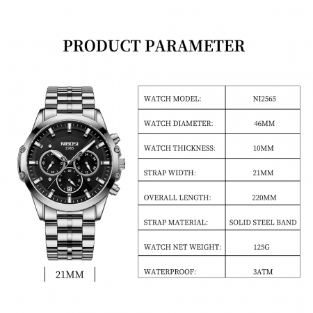 Ceas barbatesc Nibosi Cronograf Otel Analog Mecanism Quartz Argintiu Indici luminosi [2]