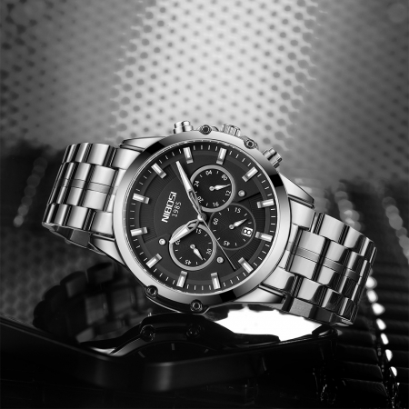 Ceas barbatesc Nibosi Cronograf Otel Analog Mecanism Quartz Argintiu Indici luminosi [5]