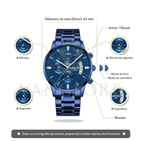 Ceas barbati Nibosi Data Otel Analog  Quartz Albastru [4]