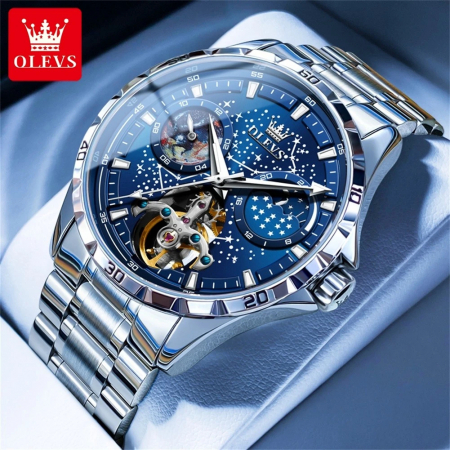 Ceas barbatesc de mana Olevs Analog Mecanic Automatic Business Otel Argintiu Albastru [1]