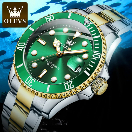 Ceas barbati Olevs Analog Quartz Elegant Verde Afisare data Otel [3]