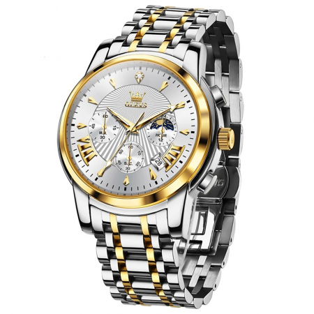 Ceasuri barbatesti - Ceas barbati Olevs Quartz Analog Cronograf Otel Argintiu Auriu