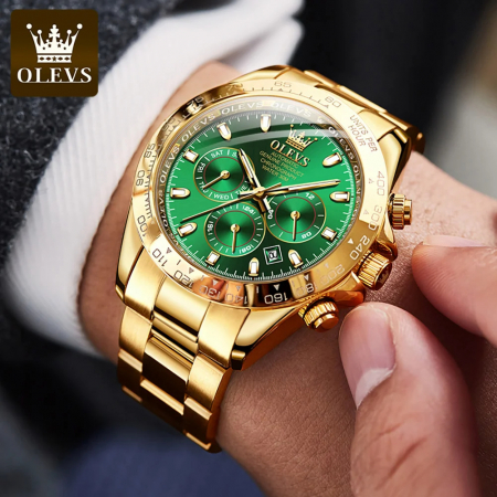 Ceas barbati Olevs Mecanic automatic Analog Cronograf Otel Auriu Data [5]