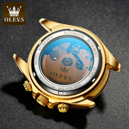 Ceas barbati Olevs Mecanic automatic Analog Cronograf Otel Auriu Data [4]