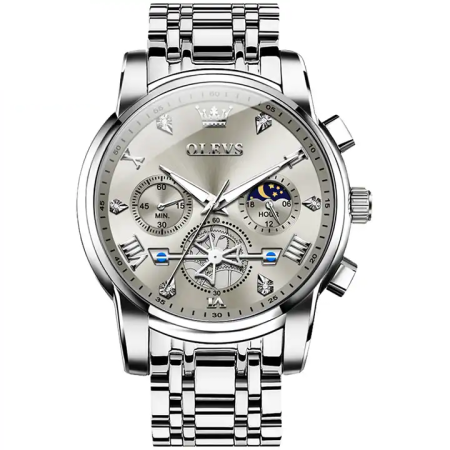 Ceasuri barbatesti - Ceas Bărbați OLEVS Quartz Original, Chronograph Multifuncțional, Fază Lunii, Waterproof 30m, Oțel Inoxidabil