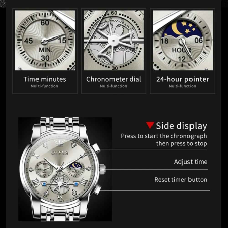 Ceas Bărbați OLEVS Quartz Original, Chronograph Multifuncțional, Fază Lunii, Waterproof 30m, Oțel Inoxidabil [2]