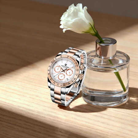 Ceas Bărbați Pagani Design PD-1644 Alb Bicolor, Chronograph VK63, 40mm, Sticlă Safir, Argintiu & Rose Gold Elegant [4]