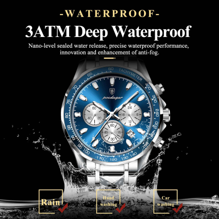 Ceas Bărbați POEDAGAR 815 Luxury Chronograph Quartz, 44.5mm, Oțel Inoxidabil, 3ATM, Luminous, Dată [4]