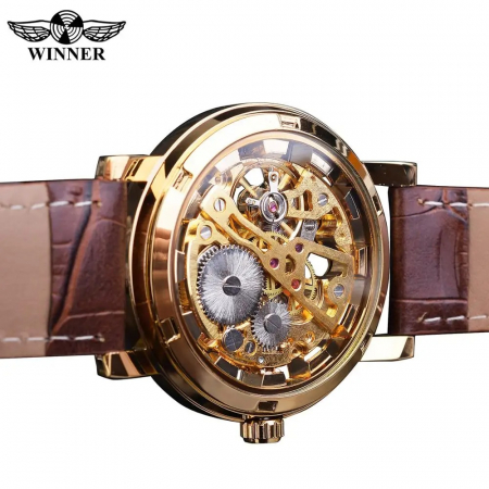 Ceas Bărbați T-Winner 8005 Maro-Auriu Mecanic – Design Luxury, Casual, Curea din Piele Naturala [4]