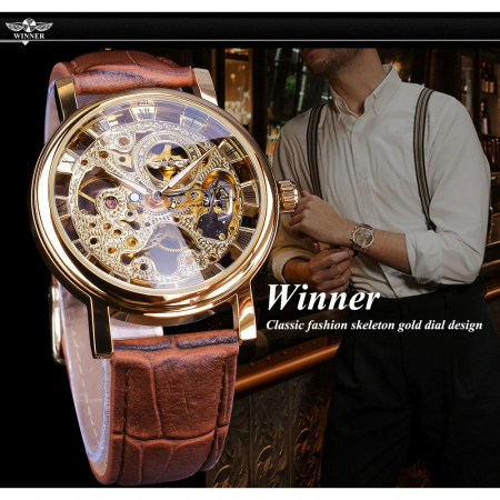 Ceas Bărbați T-Winner 8005 Maro-Auriu Mecanic – Design Luxury, Casual, Curea din Piele Naturala [3]