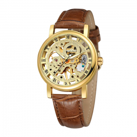 Ceas Bărbați T-Winner 8005 Maro-Auriu Mecanic – Design Luxury, Casual, Curea din Piele Naturala [0]