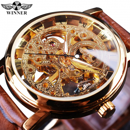 Ceas Bărbați T-Winner 8005 Maro-Auriu Mecanic – Design Luxury, Casual, Curea din Piele Naturala [1]