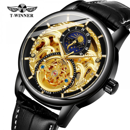 Ceas Bărbați T-Winner 8177 Negru-Auriu Mecanic – Design Luxury, Funcții Multiple, Rezistent la Apă 3ATM [2]