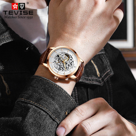 Ceas barbati Tevise Automatic Analog Elegant Maro Auriu Piele [3]