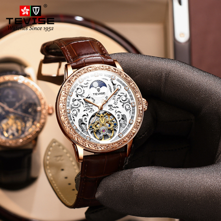 Ceas barbati, Tevise, Mecanic Automatic, Elegant, Analog, Business, Curea din piele naturala [2]