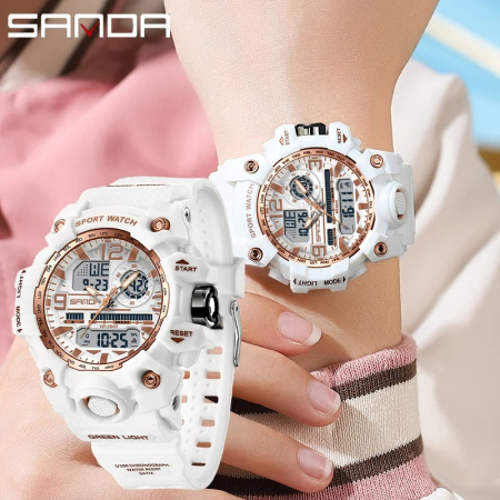 Ceas Copii Sanda 3353 Alb-Rose – Design Sport, Digital, Funcții Multiple, Rezistent la Apă 5ATM [2]