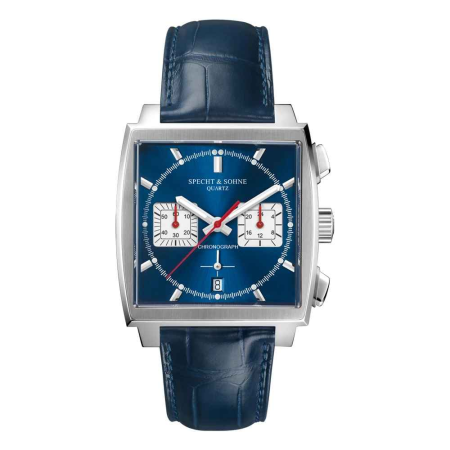 Ceasuri barbatesti - Ceas cronograf SPECHT & SÖHNE SP0009, 39 mm, mecanism Seiko VK64, oțel inoxidabil 316L, curea piele albastră, rezistent la apă 50 m