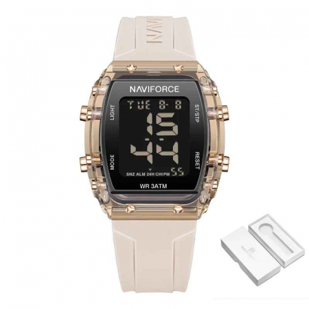 Ceas Damă Casual-Sport Quartz – Afișaj Dată, Alarmă, Cronometru, Carcasă Pătrată Aurie, Brățară Silicon Crem [7]