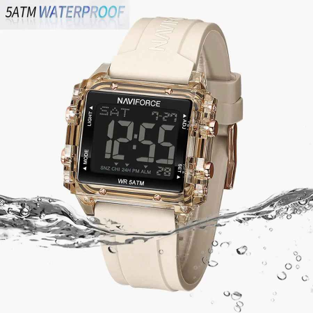 Ceas Damă Casual-Sport Quartz – Afișaj Dată, Alarmă, Cronometru, Carcasă Pătrată Aurie, Brățară Silicon Crem [4]