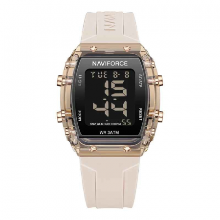 Ceasuri dama - Ceas Damă Casual-Sport Quartz – Afișaj Dată, Alarmă, Cronometru, Carcasă Pătrată Aurie, Brățară Silicon Crem
