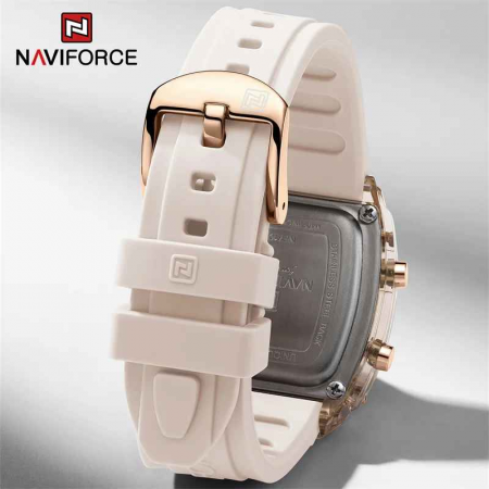 Ceas Damă Casual-Sport Quartz – Afișaj Dată, Alarmă, Cronometru, Carcasă Pătrată Aurie, Brățară Silicon Crem [2]