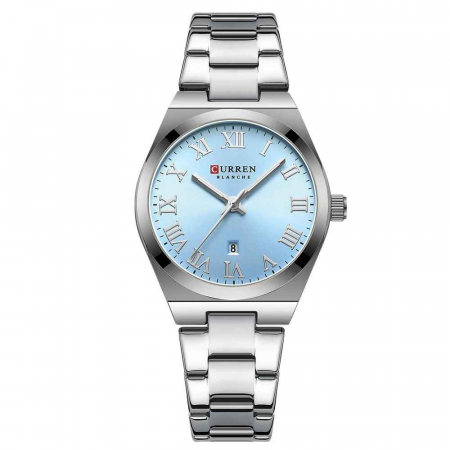 Ceasuri dama - Ceas Damă CURREN 9095L Elegant, Quartz, Cadran Albastru, Brățară și Carcasă Argintie, Calendar, Rezistent la Apă 3 ATM